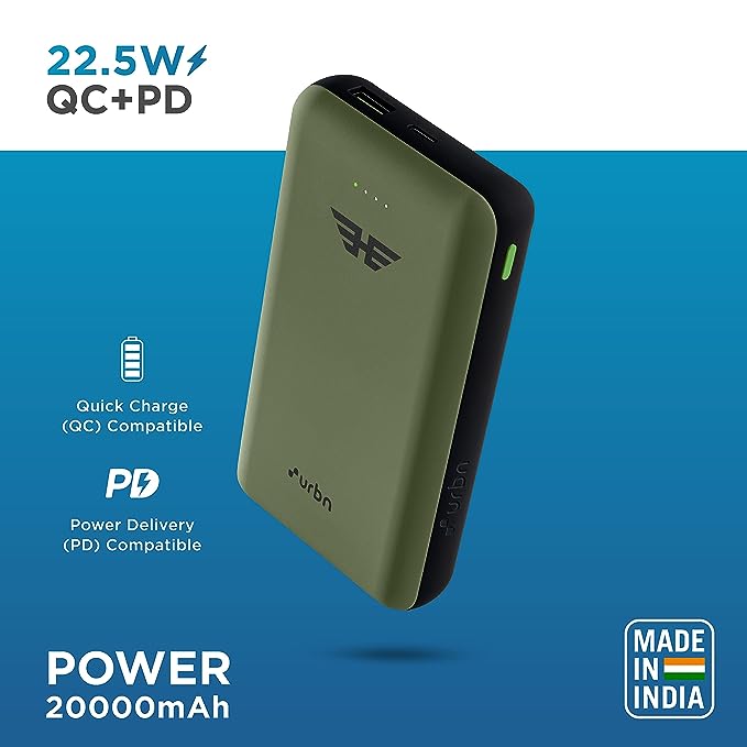 URBN 20000 mAh Lithium_Polymer 22.5W Super Fast Charging Ultra Compact Power Bank with Quick Charge & Power Delivery, Type C Input/Output, Made in India, Type C Cable Included (Camo) URBN 20000 mAh Lithium_Polymer 22.5W Super Fast Charging Ultra Compact Power Bank with Quick Charge & Power Delivery, Type C Input/Output, Made in India, Type C Cable Included (Camo)